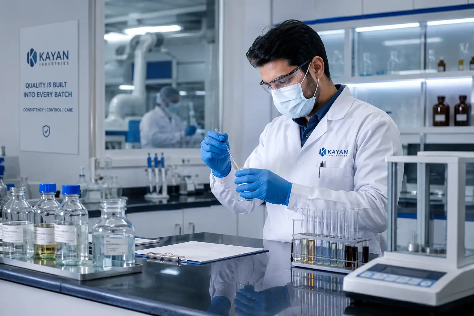 Kayan quality-control laboratory technician performing batch testing