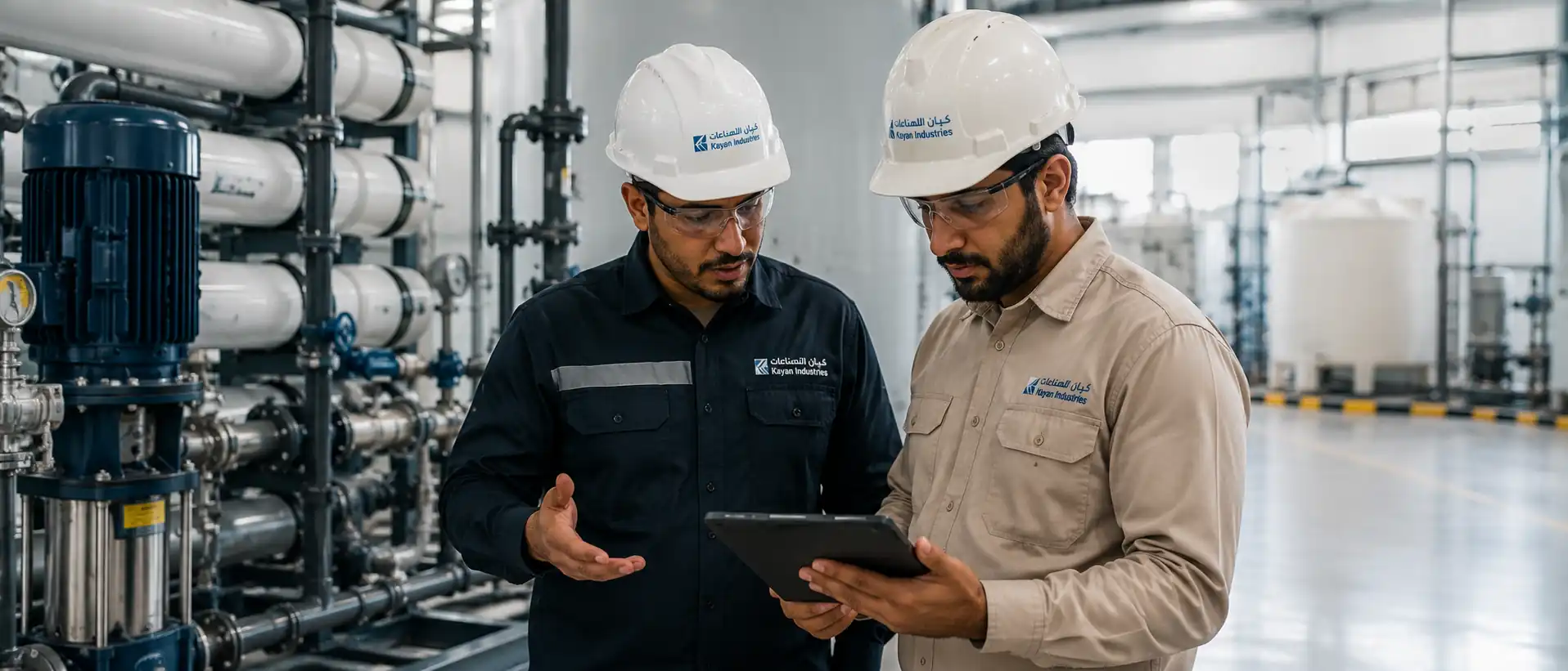 Engineer inspecting industrial water treatment equipment